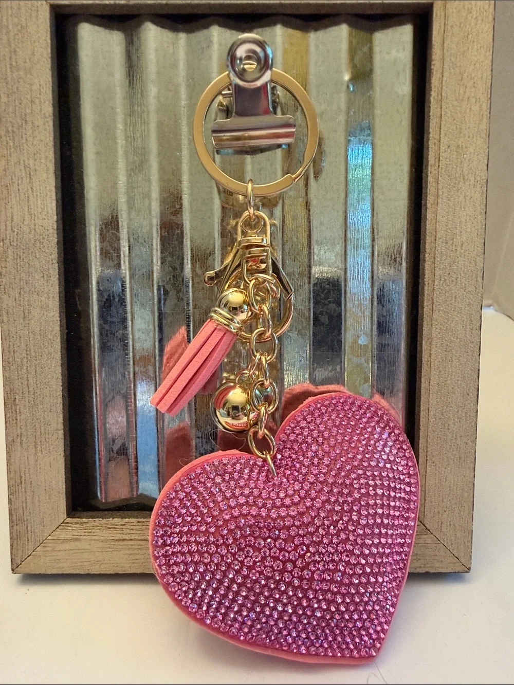 Pink Crystal Heart Keychain Bag Charm - Gold Hardware